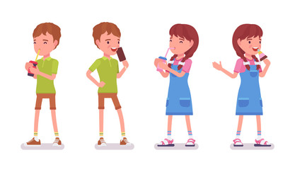 Boy, girl child 7 to 9 years old, active school age kid wearing summer outfit standing, drinking soda water, enjoy eating icecream. Vector flat style cartoon illustration isolated on white background