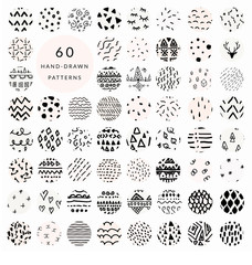 60 Vector Abstract Hand Drawn Doodle Pattern Swatches Collections. Geometric, Aztec, Tribal, Floral, Dots, Stripes, Drops, Flowers, Swirls, Sands, Spots. Illustration