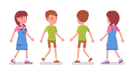 Boy and girl child 7 to 9 years old, active school age male and female kid walking, wearing bright summer outfit. Vector flat style cartoon illustration isolated on white background, front, rear view