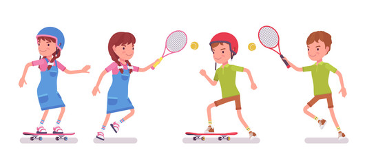 Boy, girl child 7 to 9 years old, school age kid sport activity. Happy young athletes playing big tennis and skateboarding for fun. Vector flat style cartoon illustration isolated on white background