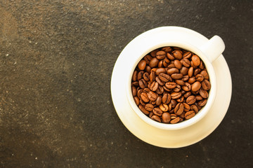 coffee beans drink and sprinkle coffee on the table. food background. top. copy space