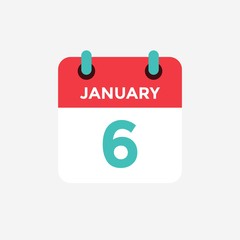 Flat icon calendar 6 January. Date, day and month. Vector illustration.