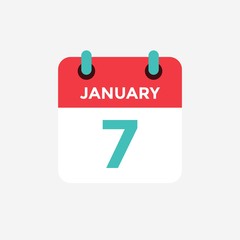 Flat icon calendar 7 January. Date, day and month. Vector illustration.