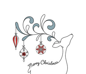 Vector Christmas deer illustration with ornamental antlers, Christmas balls and greetings