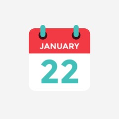 Flat icon calendar 22 January. Date, day and month. Vector illustration.