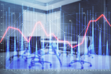Multi exposure of stock market graph on conference room background. Concept of financial analysis