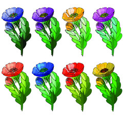 Poppies of different colors. Set of floral elements for your design.