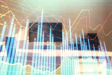 Stock market chart and desktop office computer background. Multi exposure. Concept of financial analysis.