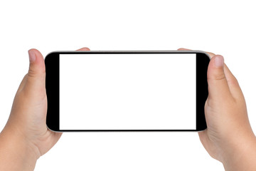 Modern smartphone with a blank screen in the hands of a child isolated on a white background