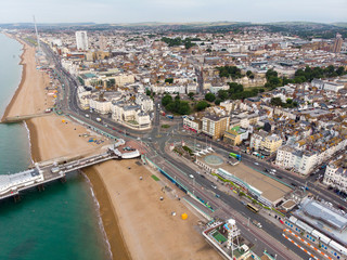 Aerial photo of the Brighton beach and coastal area located in the south coast of England UK that...