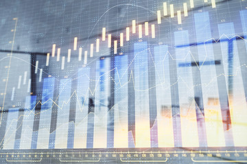 Stock and bond market graph with trading desk bank office interior on background. Multi exposure. Concept of financial analysis