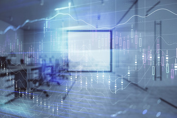 Stock market chart with trading desk bank office interior on background. Double exposure. Concept of financial analysis
