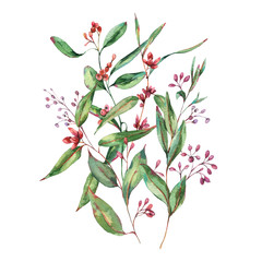 Watercolor Blooming Eucalyptus, Natural Vertical Invitation, Vintage Watercolor Greeting Card,