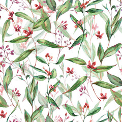 Watercolor Blooming Eucalyptus Seamless Border, Natural Vintage Watercolor Texture