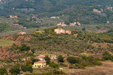 Fototapeta na wymiar Elevated view of Italian countryside with olive groves and estates