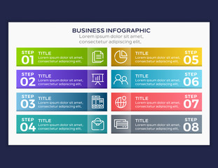 Business infographic design element and number options. Business concept with 8 steps. Can be used for diagram, presentations, workflow layout, banner, flow chart, info graph. Vector business template