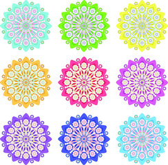 Set of mandalas of different colors, background, vector