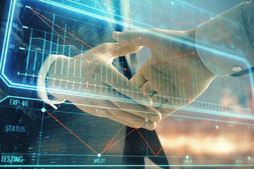 Double exposure of business theme drawing on cityscape background with handshake. Concept of partnership