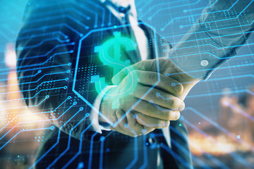 Double exposure of business theme drawing on cityscape background with handshake. Concept of partnership