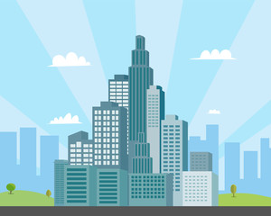 Fototapeta premium Street of city scene.Main street with tower with sky background.Modern cityscape design.Urban scene with park