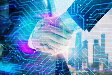 Double exposure of crypto economy theme drawing on cityscape background with handshake. Concept of...