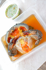 Sea Crab Egg Pickled Fish Sauce with green spicy Thai style  sauce,Angle view.