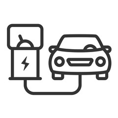 electric eco car with electric plug charging at charging station outline vector icon isolated on white background. electric car flat icon for web, mobile and ui design. electric ecological transport