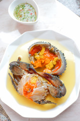 Black Sea Crab Egg Pickled Fish Sauce with green spicy Thai style  sauce.