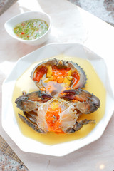 Sea Crab Egg Pickled Fish Sauce with green spicy Thai style  sauce,Angle view.