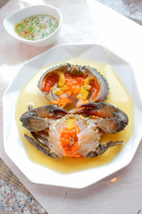 Sea Crab Egg Pickled Fish Sauce with green spicy Thai style  sauce,Angle view.