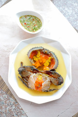 Sea Crab Egg Pickled Fish Sauce with green spicy Thai style  sauce,Angle view.