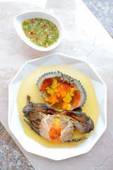 Sea Crab Egg Pickled Fish Sauce with green spicy Thai style  sauce,Angle view.