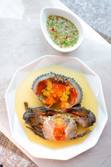 Sea Crab Egg Pickled Fish Sauce with green spicy Thai style  sauce,Angle view.