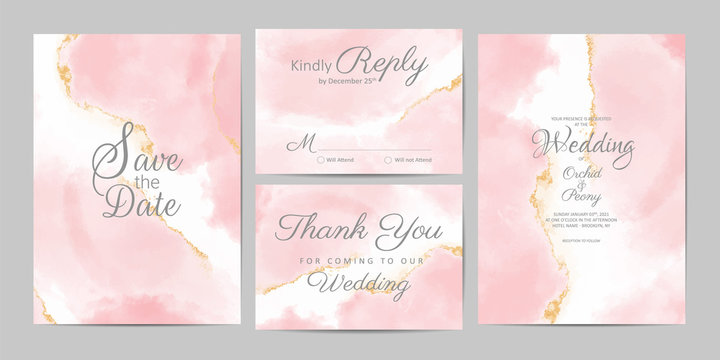 Rose Gold Wedding Invitation Cards Template Set. Artistic Watercolor Background Of Pink Brush Stroke Splash. Abstract Foil Design