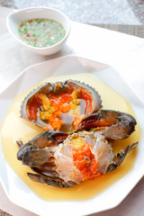 Sea Crab Egg Pickled Fish Sauce with green spicy Thai style  sauce,Angle view.