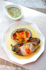 Sea Crab Egg Pickled Fish Sauce with green spicy Thai style  sauce,Angle view.