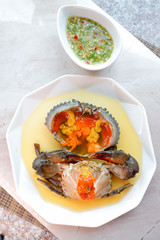 Sea Crab Egg Pickled Fish Sauce with green spicy Thai style  sauce,Angle view.