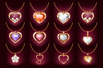 Set of 12 Necklace with a heart pendant on a gold chain. With precious stones and diamonds in gold. Decoration for women. Isolated on a dark background. Vector illustration
