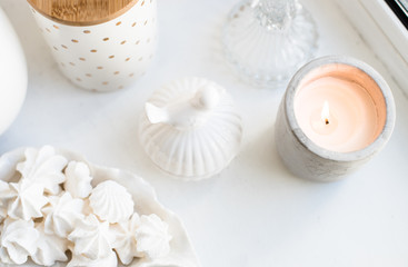 Obraz na płótnie Canvas White real home decor, ceramic interior details with vases and candles