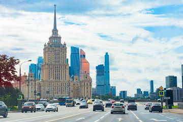 Fototapeta na wymiar Moscow. Russia. High-rise buildings of Moscow. Highway in the center of the capital. Tour of the buildings of Moscow. Roads in Russia. . Architecture of Russian cities. Panorama of the capital.
