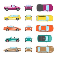 Different transportation car. Sedan car, hatchback, universal car, suv, cabriolet, mini car set. Vehicle collection in top, front, side view. Auto concept cartoon design. Vector illustration