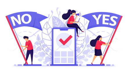People fly flag to choose yes or no to give feedback. Online polling mobile apps to choose to agree or disagree on an issue or problem. Vector Illustration For Web, Landing Page, Banner, Mobile Apps