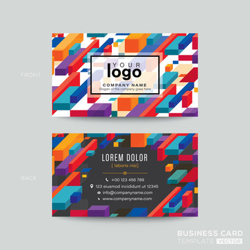 Business card design with colorful isometric blocks graphic background. modern name card design template.
