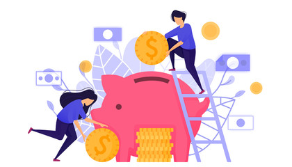 Fototapeta na wymiar Saving Into a Piggy Bank. Depicts People Putting Money Into Banking to Copy Save and Bank Interest for Return on Investment ROI. Character Concept Vector Illustration For Web Landing Page, Mobile Apps