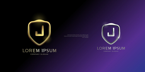 set of shiny 3d metallic gold and silver shield icon, initial letter J monogram custom logo template