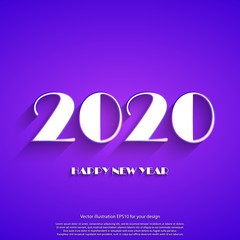 Happy New Year 2020 white text on violet background. Template holidays card. Winter holiday greetings poster. Vector illustration eps10