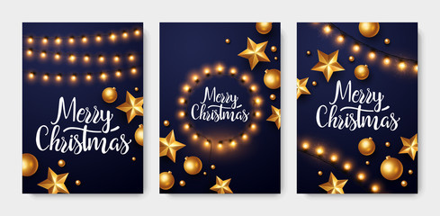 Fototapeta na wymiar Christmas greeting card set. Backgrounds with Christmas lights and decorations.