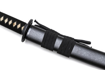 Black Sageo (cord) for tie the saya (scabbard) of Japanese sword isolated in white background.