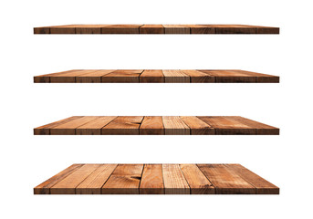 A collection of brown wooden shelves on a white background that separates the objects. There are Clipping Paths for the designs and decoration