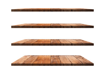 A collection of brown wooden shelves on a white background that separates the objects. There are Clipping Paths for the designs and decoration
